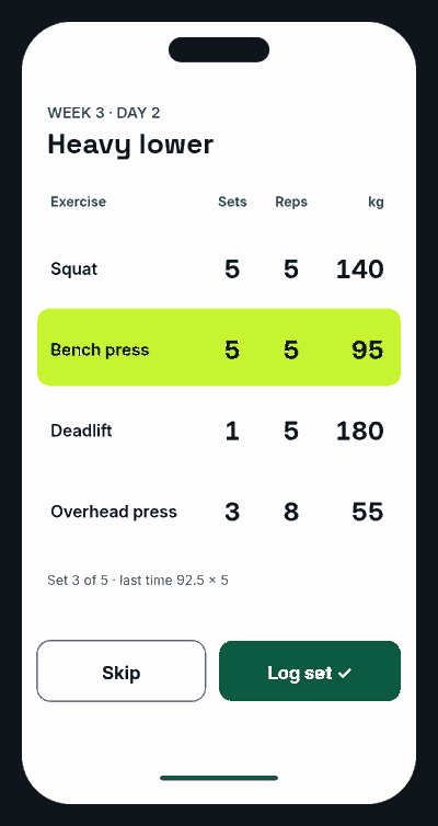 Before: a lifting spreadsheet open on a phone, with tiny cells and pinch-zoom
